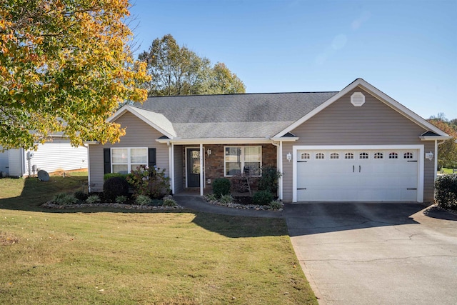 ranch-style house with a garage and a front yard