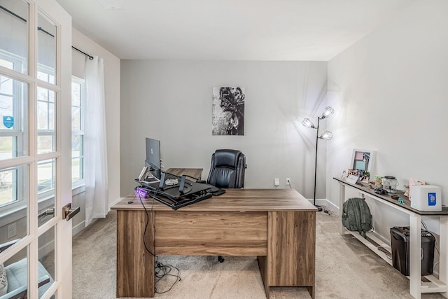 home office with light carpet