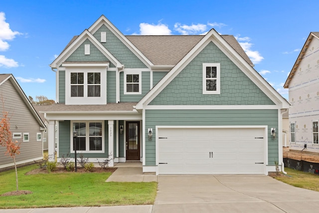 craftsman house featuring a front yard and a garage