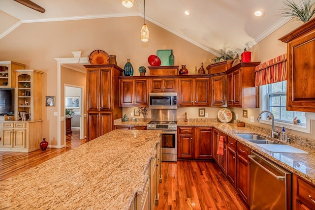 kitchen with lofted ceiling, sink, dark hardwood / wood-style floors, ornamental molding, and stainless steel appliances