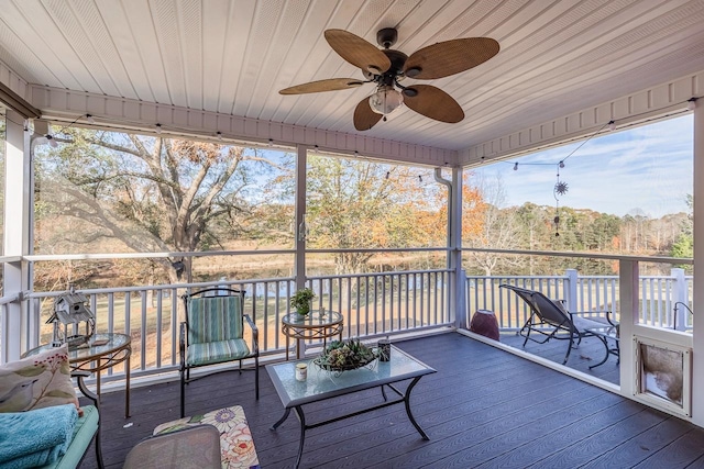 unfurnished sunroom featuring ceiling fan and wood ceiling