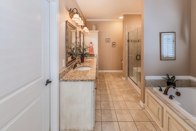 bathroom with ornamental molding, vanity, tile patterned floors, and independent shower and bath