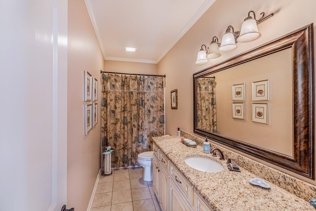 bathroom featuring curtained shower, tile patterned floors, crown molding, toilet, and vanity