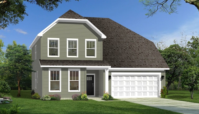 view of front of property with a front lawn, a garage, driveway, and roof with shingles