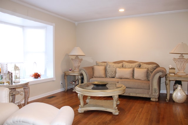 living room with crown molding and dark wood-type flooring