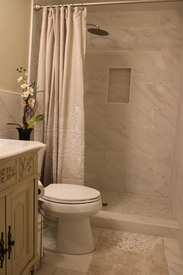 bathroom with a shower with curtain, toilet, and tile walls