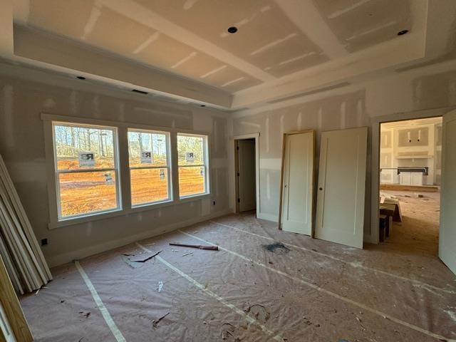 unfurnished bedroom with a raised ceiling