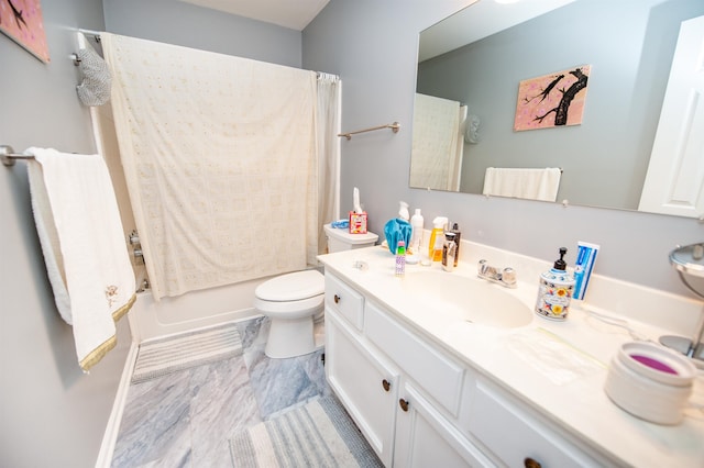 full bathroom featuring shower / bath combination with curtain, vanity, and toilet