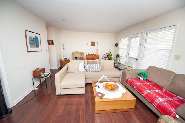 living room featuring dark wood-type flooring