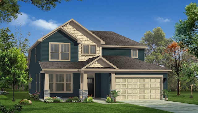 craftsman inspired home with a garage and a front yard