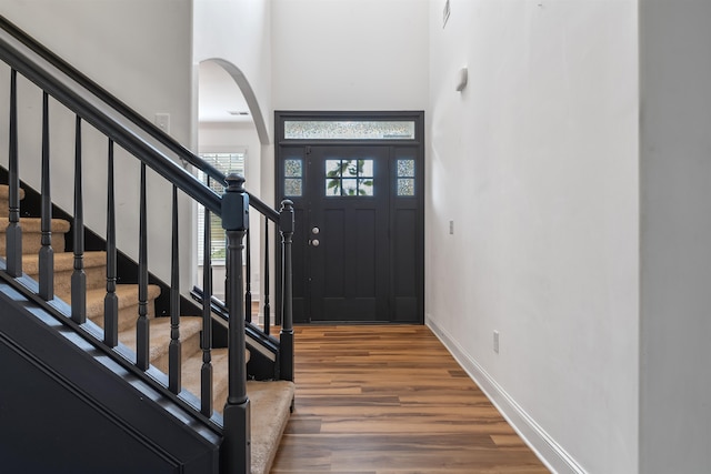 foyer with wood-type flooring and a high ceiling