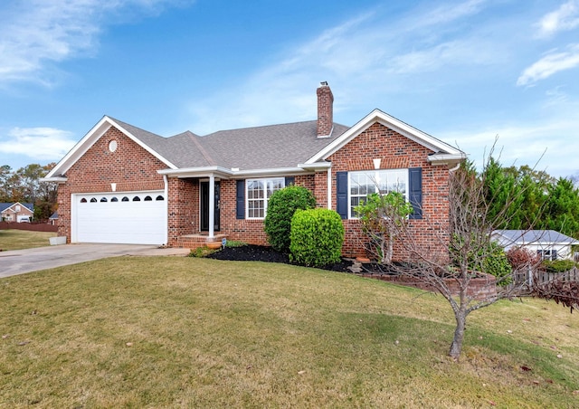 single story home with a garage and a front lawn