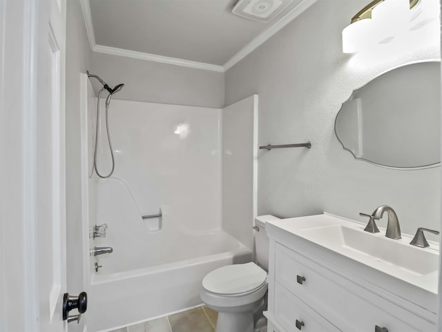 full bathroom featuring tile patterned floors, shower / bathtub combination, vanity, crown molding, and toilet