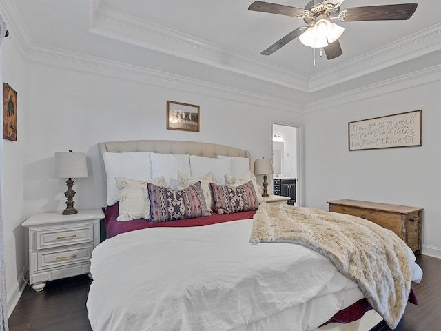 bedroom featuring ceiling fan, dark hardwood / wood-style flooring, and ornamental molding