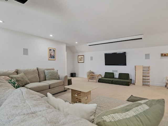 living room with light carpet and lofted ceiling