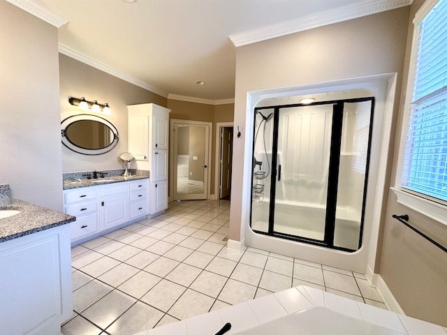 bathroom with tile patterned flooring, vanity, an enclosed shower, and ornamental molding