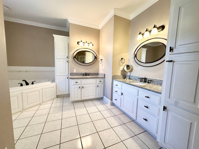 bathroom featuring a tub, crown molding, tile patterned flooring, and vanity