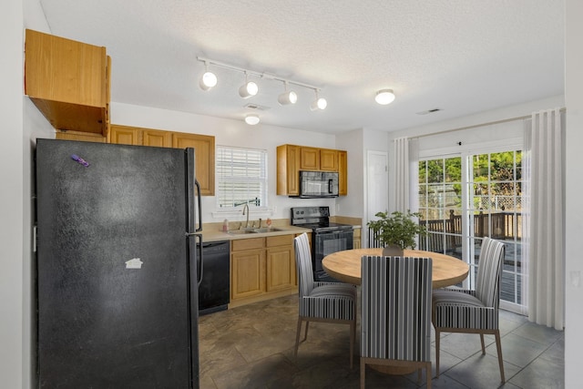 kitchen with a textured ceiling, sink, a healthy amount of sunlight, and black appliances