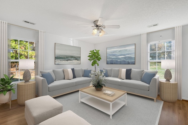 living room with hardwood / wood-style flooring, ceiling fan, and a textured ceiling