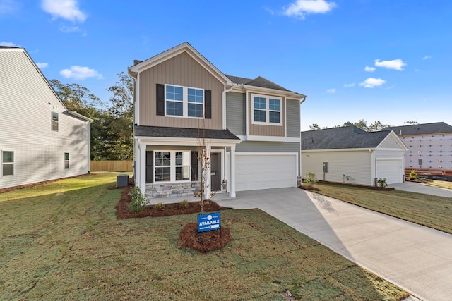 view of front of house featuring a garage, a front lawn, and central air condition unit