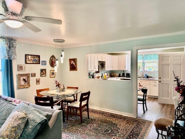 dining space with hardwood / wood-style flooring, ceiling fan, and crown molding