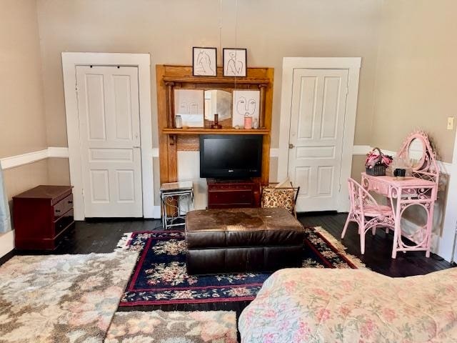 living room featuring dark wood-type flooring