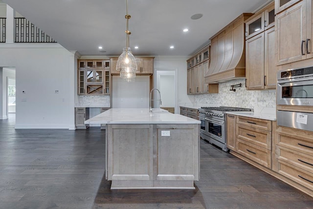 kitchen featuring sink, dark hardwood / wood-style floors, an island with sink, range with two ovens, and custom exhaust hood