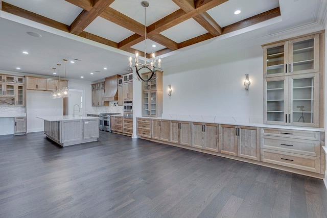 kitchen with hanging light fixtures, stainless steel appliances, dark hardwood / wood-style flooring, a large island with sink, and custom range hood