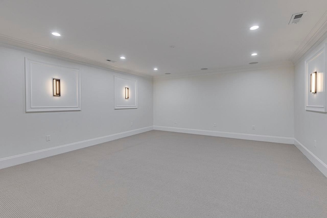 basement featuring light colored carpet and ornamental molding