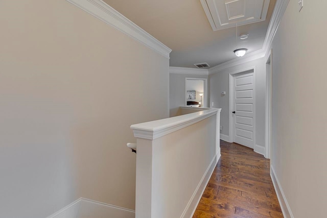 hallway with dark hardwood / wood-style floors and crown molding