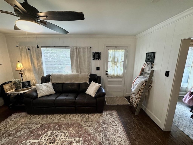 living room with ceiling fan, dark wood-type flooring, and ornamental molding