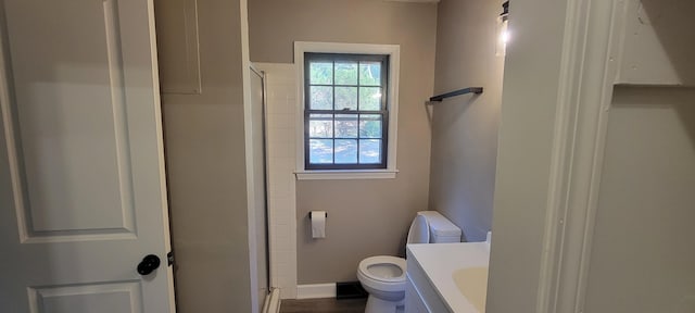 bathroom featuring vanity, toilet, and a shower with door