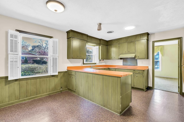 kitchen featuring green cabinets, kitchen peninsula, a textured ceiling, and wooden counters