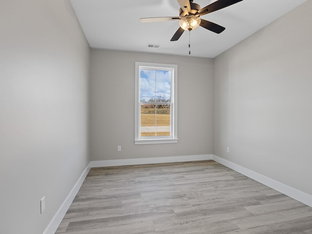 empty room featuring ceiling fan and light hardwood / wood-style flooring