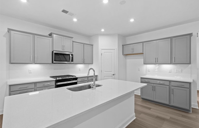 kitchen featuring sink, gray cabinets, stainless steel appliances, and a center island with sink