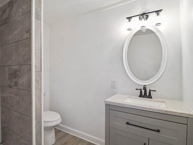 bathroom featuring hardwood / wood-style floors, vanity, and toilet