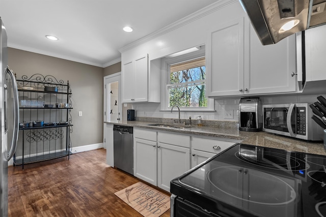 kitchen with stainless steel appliances, white cabinetry, dark hardwood / wood-style floors, and sink