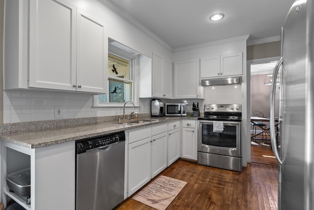 kitchen featuring white cabinets, crown molding, sink, appliances with stainless steel finishes, and dark hardwood / wood-style flooring