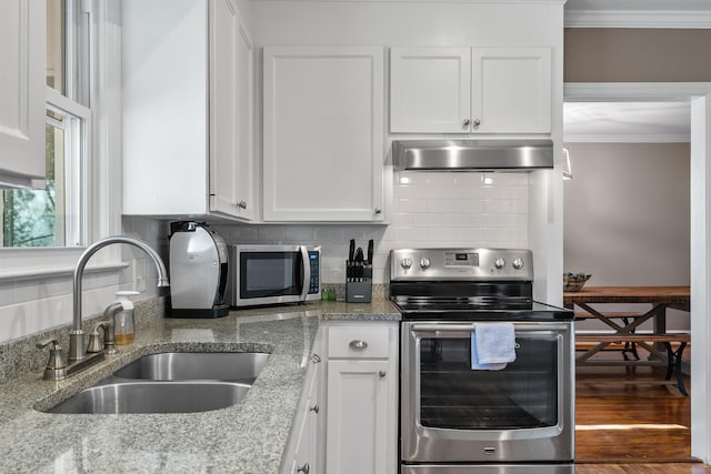 kitchen featuring white cabinetry, sink, crown molding, and appliances with stainless steel finishes