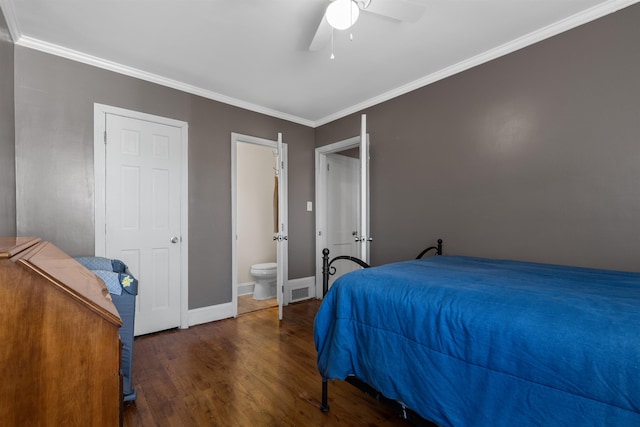 bedroom with ceiling fan, dark hardwood / wood-style flooring, ensuite bathroom, and ornamental molding