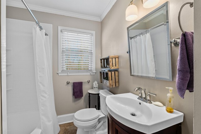 full bathroom featuring vanity, tile patterned floors, shower / bath combination with curtain, crown molding, and toilet