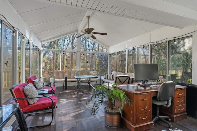 office with vaulted ceiling with beams, dark hardwood / wood-style floors, and ceiling fan