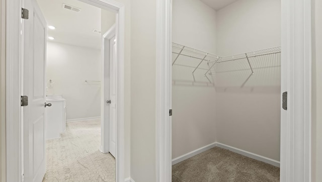 spacious closet featuring light colored carpet