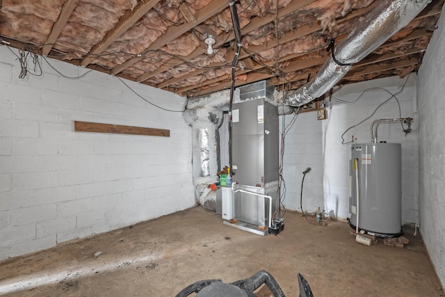 unfinished below grade area with electric water heater and heating unit