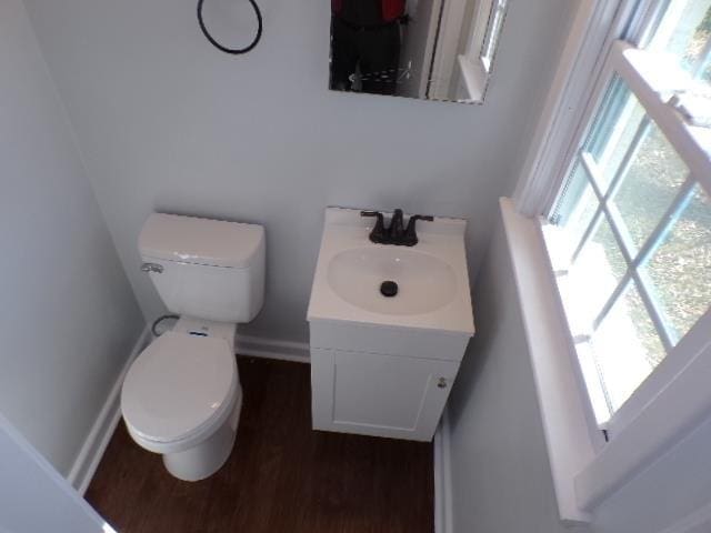 bathroom featuring vanity, wood-type flooring, and toilet