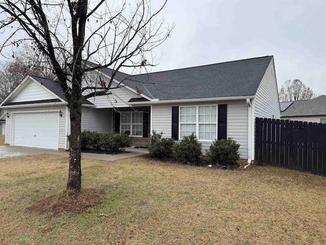 single story home featuring a garage and a front lawn