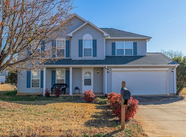 view of front property with a front yard, a porch, and a garage