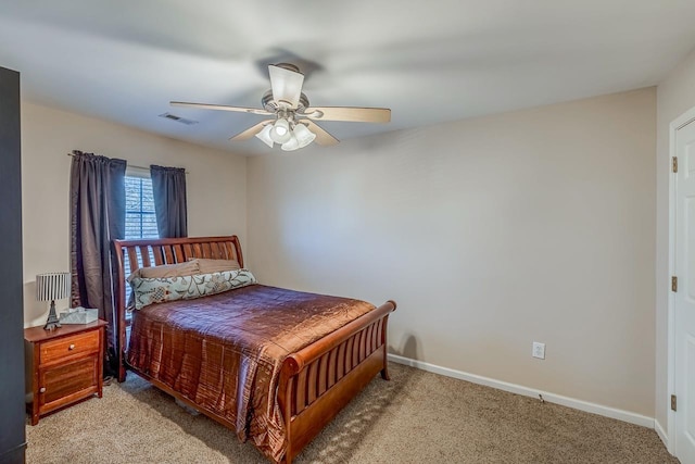 bedroom with light carpet and ceiling fan