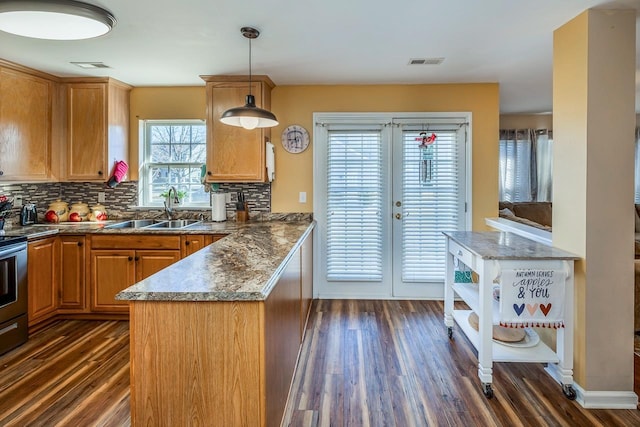 kitchen with hanging light fixtures, dark hardwood / wood-style floors, tasteful backsplash, and sink