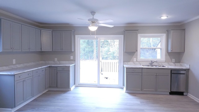 kitchen with gray cabinetry, dishwasher, sink, and light hardwood / wood-style flooring